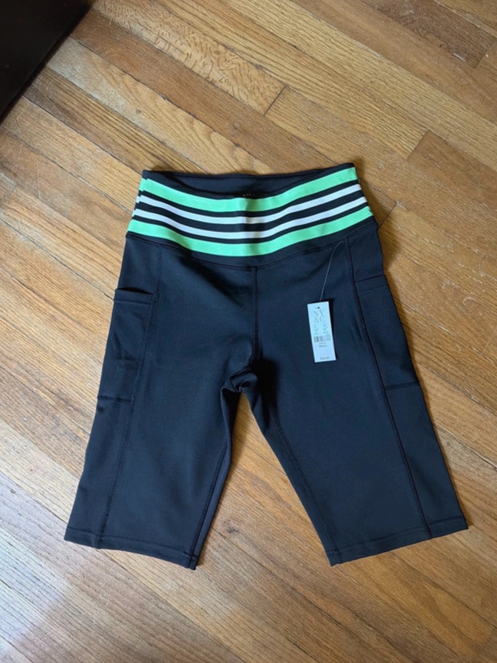 New York & Company Black Bike Shorts with Mint Stripe Waistband